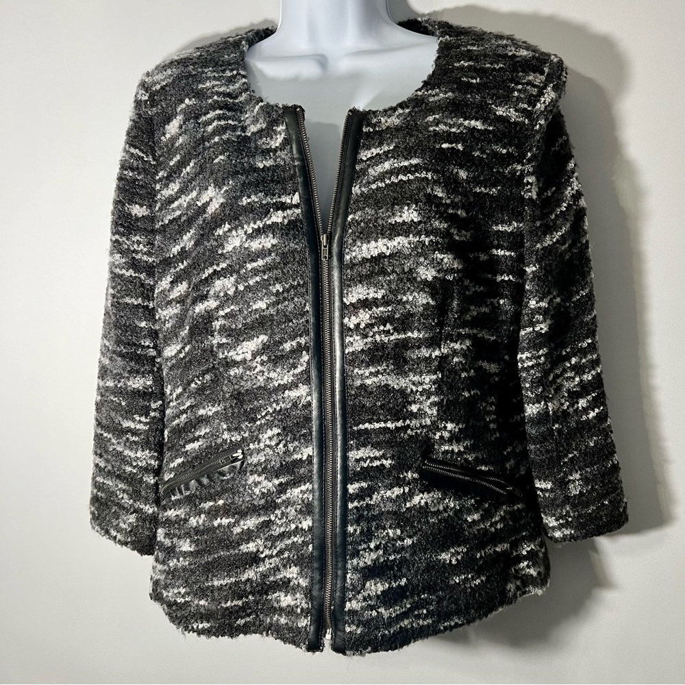 EUC! Vintage Notations Soft Zip Up Black Gray Faux Leather Trimmed Sweater